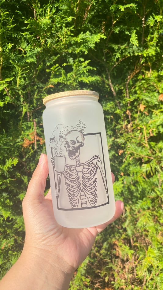 Coffee Skelly Frosted Glass Cup