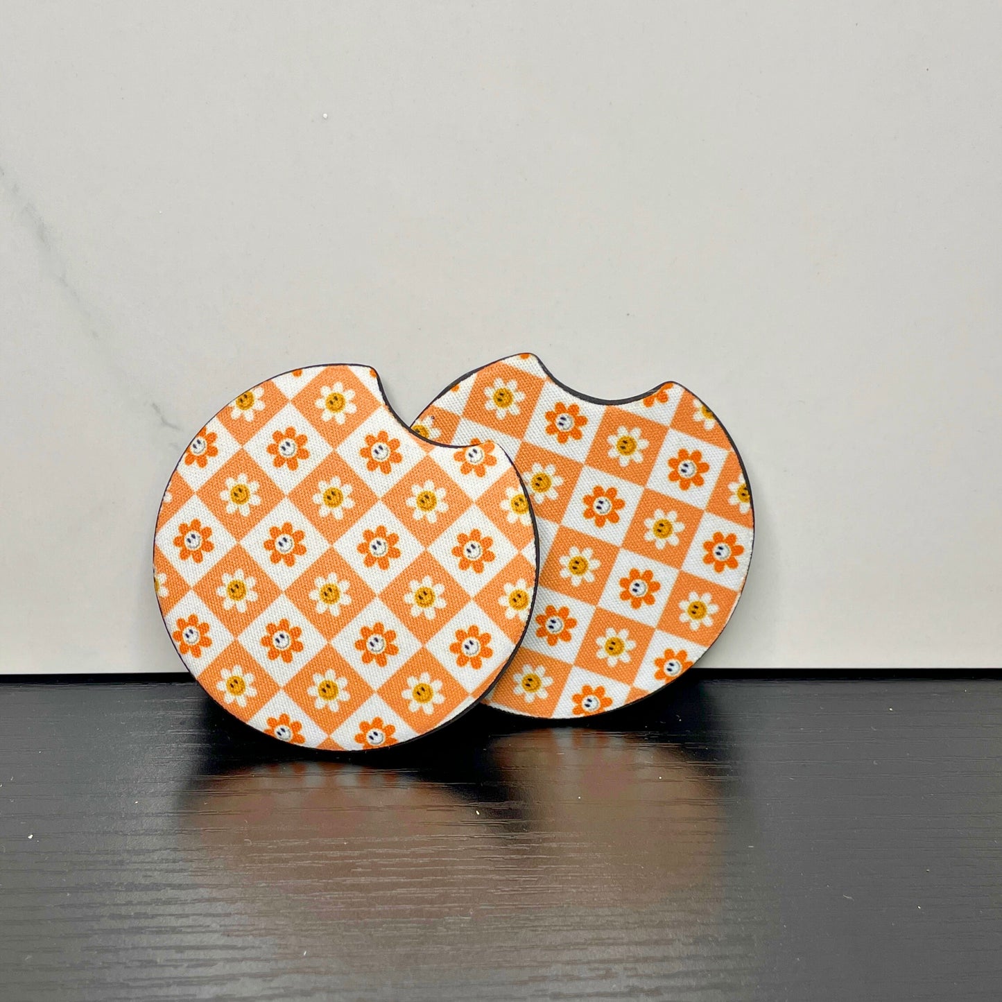 Checkered Orange Daisy Car Coaster